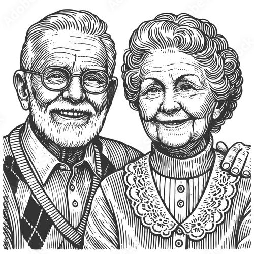 elderly couple smiling, symbolizing love, companionship, and long-lasting relationships sketch engraving generative ai vector illustration. Scratch board imitation. Black and white image.