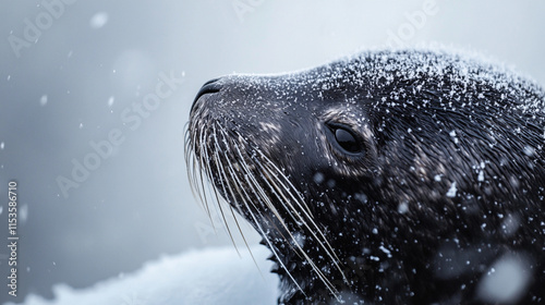 A seal is looking into the snowy Greenland sky