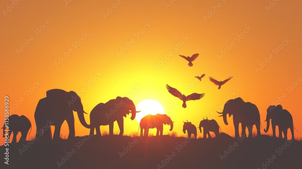 Fototapeta premium Elephants Silhouette at Golden Hour with Dramatic Shadows