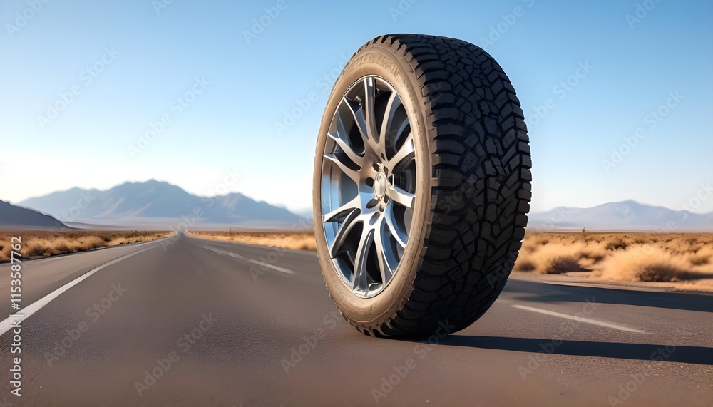 A high-performance car tire with chrome alloy rims on a desert road with mountains in the background A high-performance car tire with chrome alloy rims on a desert road with mountains in the background