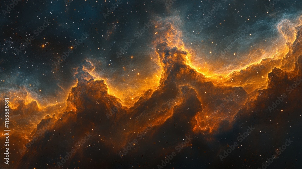 Fototapeta premium Fiery orange nebula in deep space with stars.
