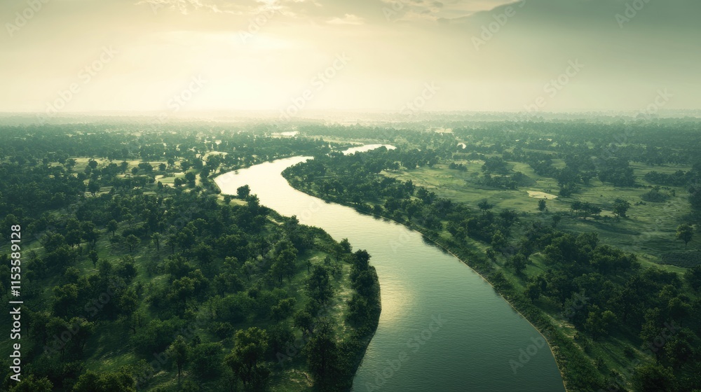 Serene Aerial View of Tranquil River Flowing Through Lush Landscape Serene Aerial View of Tranquil River Flowing Through Lush Landscape