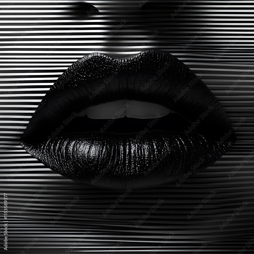 Close-Up of Glossy Black Lips with Abstract Monochrome Background Close-Up of Glossy Black Lips with Abstract Monochrome Background