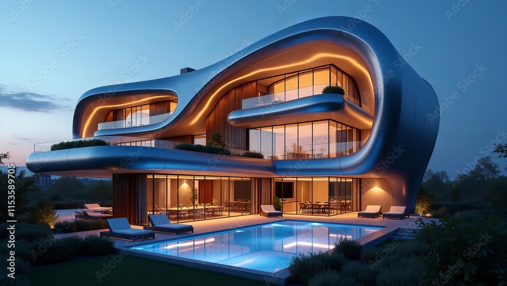 Fototapeta premium A modern futuristic building with sleek curves and innovative architecture set in an urban environment under the sky.