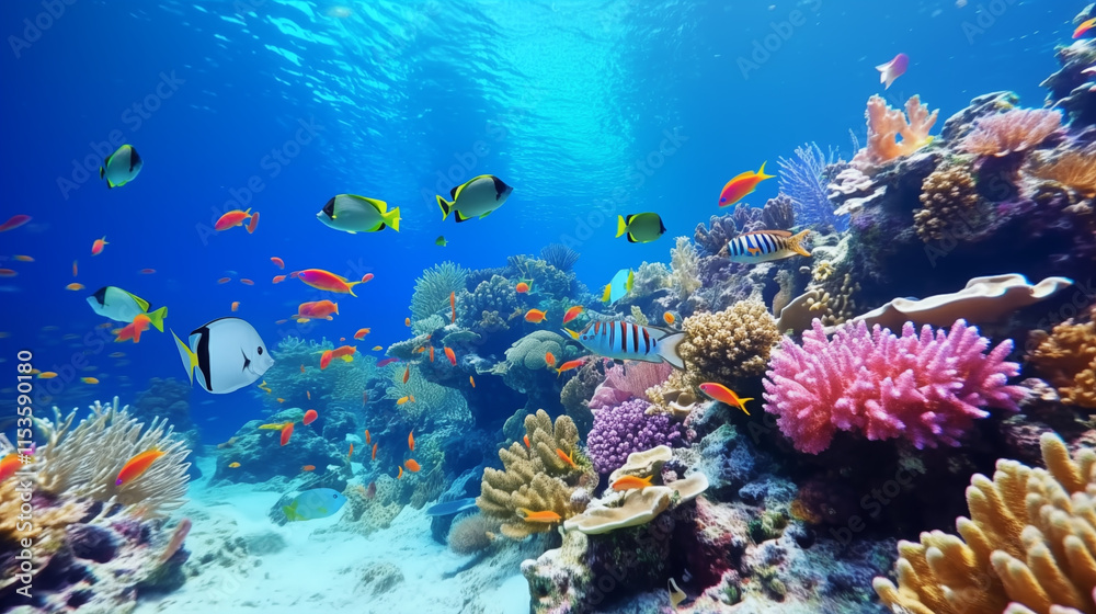 Fototapeta premium Colorful Marine Ecosystem with Coral and Exotic Fish Beneath the Ocean