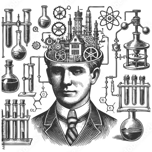 scientist head filled with gears, machinery, and laboratory equipment, symbolizing innovation and discovery sketch engraving generative ai vector illustration. Scratch board. Black and white image.