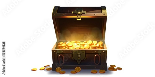 A treasure chest opens wide, revealing a dazzling collection of gold coins spilling over. The warm glow reflects an aura of adventure and mystery in a fantastical realm photo