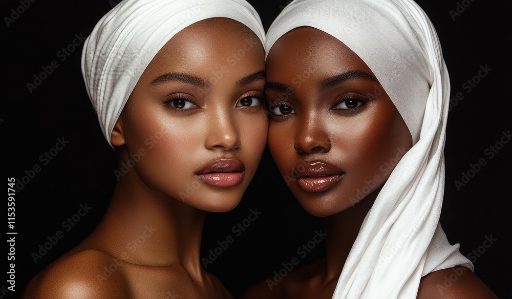 Two Black women wearing white headscarves, one gently touching the other's face, both facing each other