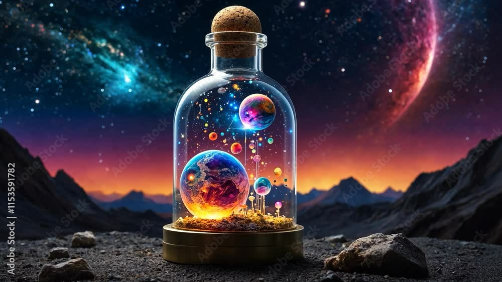 Video footage of glass bottle with a cork stopper contains a miniature universe with colorful planets and stars, set against a cosmic background with galaxies and a crescent moon