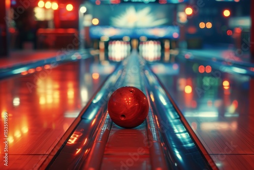 Red Bowling Ball on Alley Lane Under Dim Lights photo