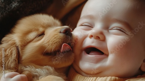 Baby and Puppy Sharing a Joyful Moment Together