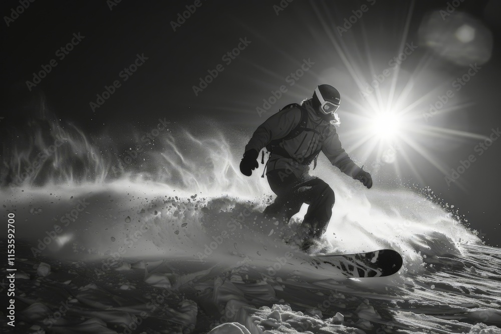 Snowboarder Descending a Mountain in Black and White Snowboarder Descending a Mountain in Black and White