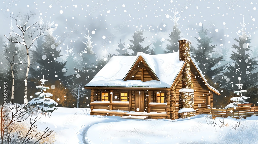 A cartoon illustration of a cozy log cabin in a snowy forest at night. A cartoon illustration of a cozy log cabin in a snowy forest at night.