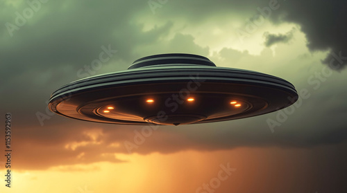 UFO UAP UAS Spacecraft Flying Saucer Aliens Extraterrestrials In A Cinematic Image Style Dark Eerie Paranormal Environment Copy space For Text Logo Or Other graphics 300 PPI High Resolution Image