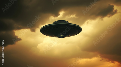 UFO UAP UAS Spacecraft Flying Saucer Aliens Extraterrestrials In A Cinematic Image Style Dark Eerie Paranormal Environment Copy space For Text Logo Or Other graphics 300 PPI High Resolution Image