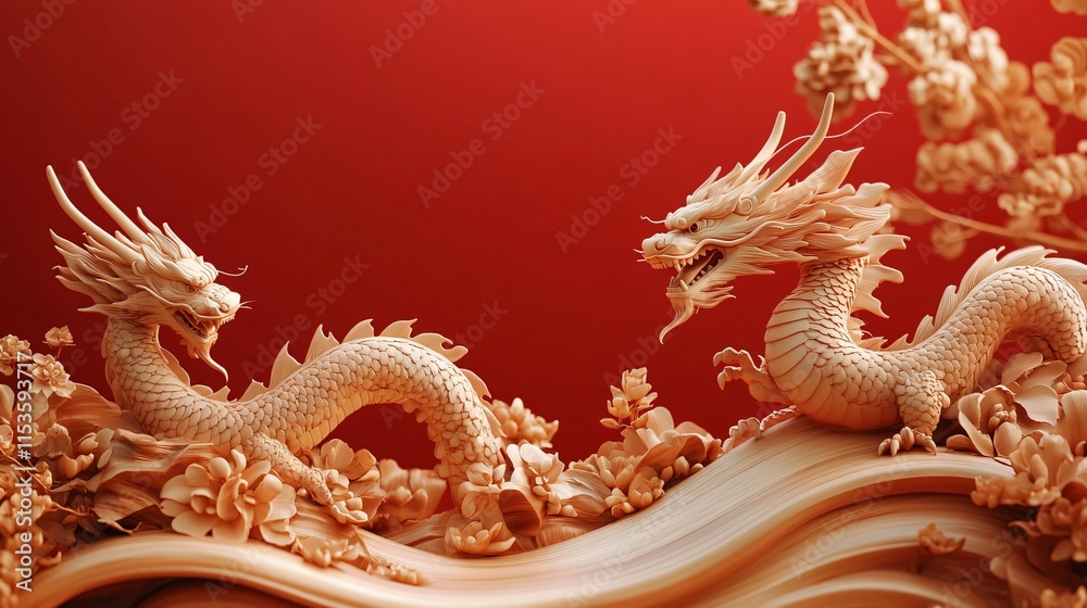 Fototapeta premium Intricately carved golden Chinese wooden dragons against a bold red background, perfect for Chinese New Year 2024 invitations, celebrations or cultural events.