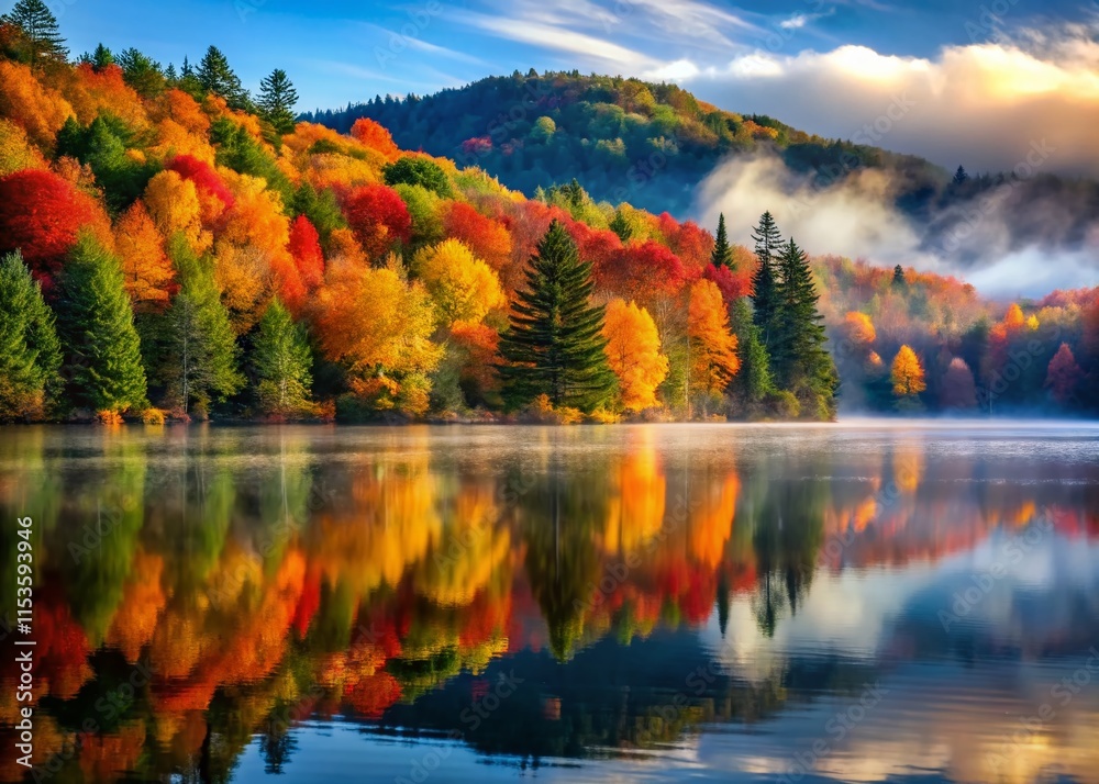 Fototapeta premium Serene Autumn Lake Reflection: Misty Mountains & Colorful Trees at Dawn