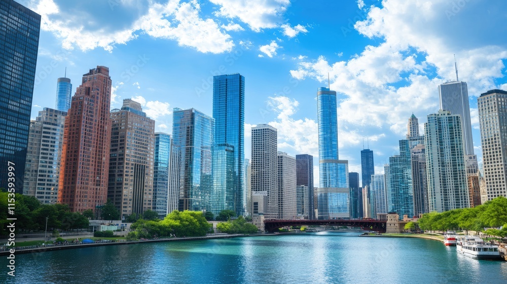 Stunning Urban Landscape View of City Skyscrapers and River Stunning Urban Landscape View of City Skyscrapers and River