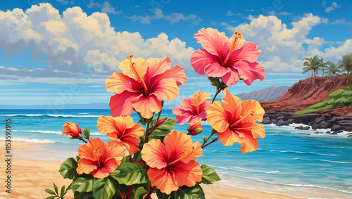 Wallpaper Mural Vibrant Hibiscus Blooms Amidst Sandy Beaches, Capturing the Essence of Tropical Paradise Torontodigital.ca