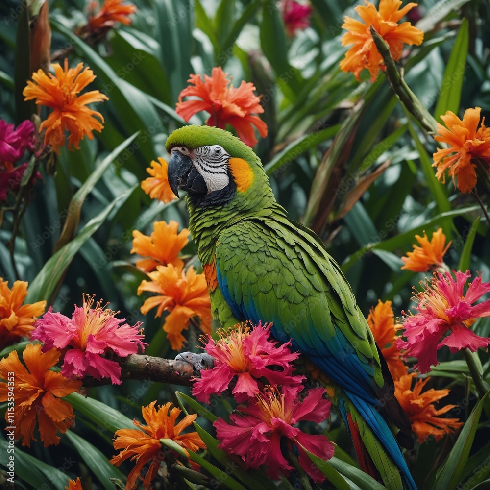 Obraz premium A beautiful parrot sitting amidst vibrant tropical flowers.