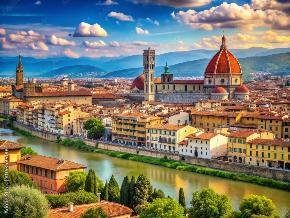 Fototapeta premium Serene Florence: Duomo, Ponte Vecchio & Arno River Panorama - Italian Cityscape