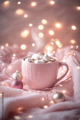 Pink mug of hot chocolate with marshmallows and festive lights