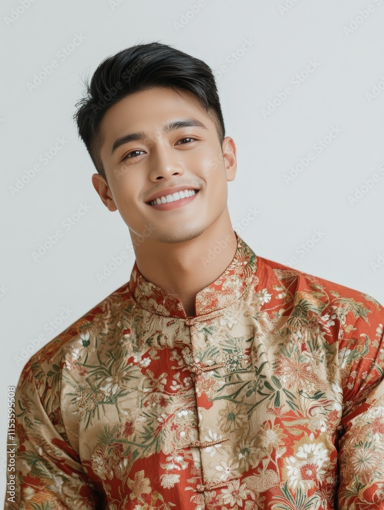 Young Asian man in traditional floral pattern attire smiling confidently against a light background Young Asian man in traditional floral pattern attire smiling confidently against a light background