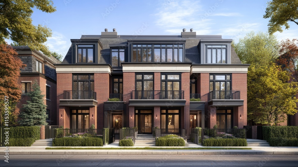 Fototapeta premium Elegant Modern Townhouse with Stylish Architecture and Greenery