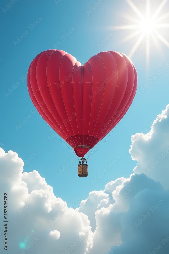 Fototapeta premium Heart-shaped hot air balloon floating in clear blue sky. Valentine's day concept.