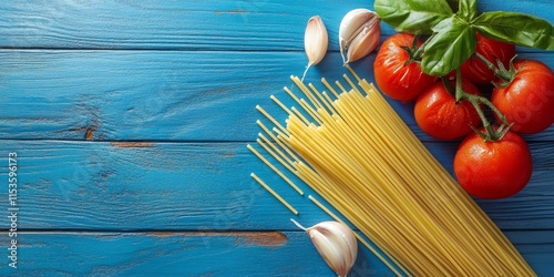 Spaghetti with tomato and garlic beautifully arranged on a blue wooden background, showcasing the delicious combination of spaghetti, tomato, and garlic for a vibrant culinary presentation. photo