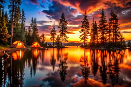 Serene Lakeside Sunset Camping: Campfires & Tall Trees Reflecting on Calm Water