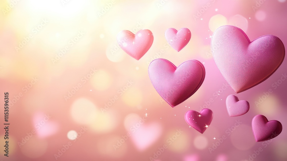 Pink Hearts Floating on a Dreamy Blurred Background with Bokeh Pink Hearts Floating on a Dreamy Blurred Background with Bokeh