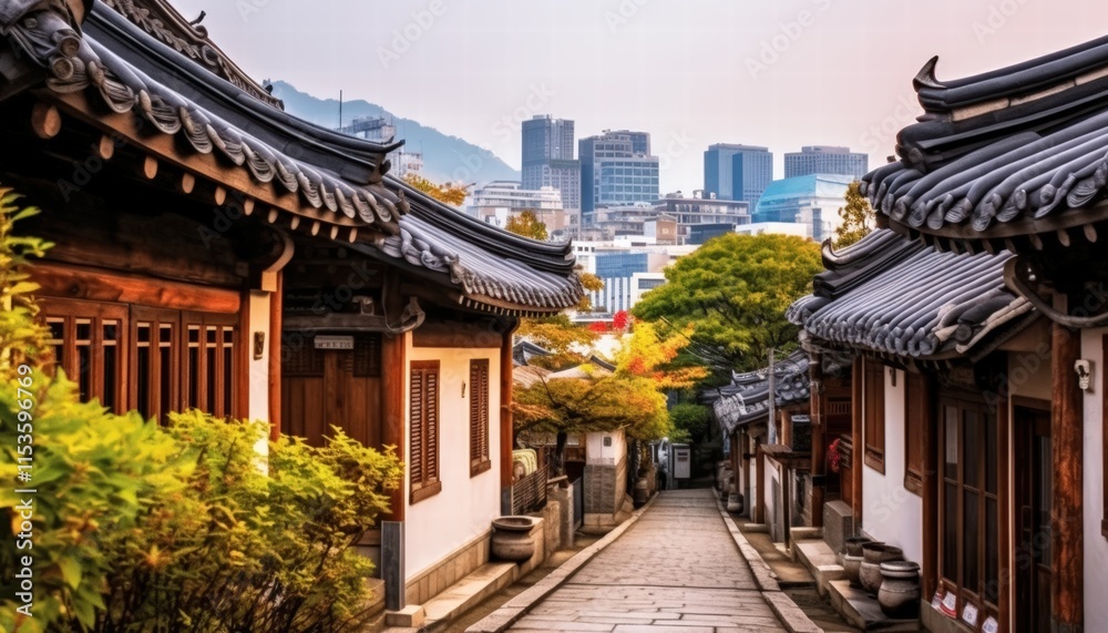 Traditional Korean Architecture in a Scenic Urban Landscape with Modern Buildings on the Horizon at Sunset Traditional Korean Architecture in a Scenic Urban Landscape with Modern Buildings on the Horizon at Sunset