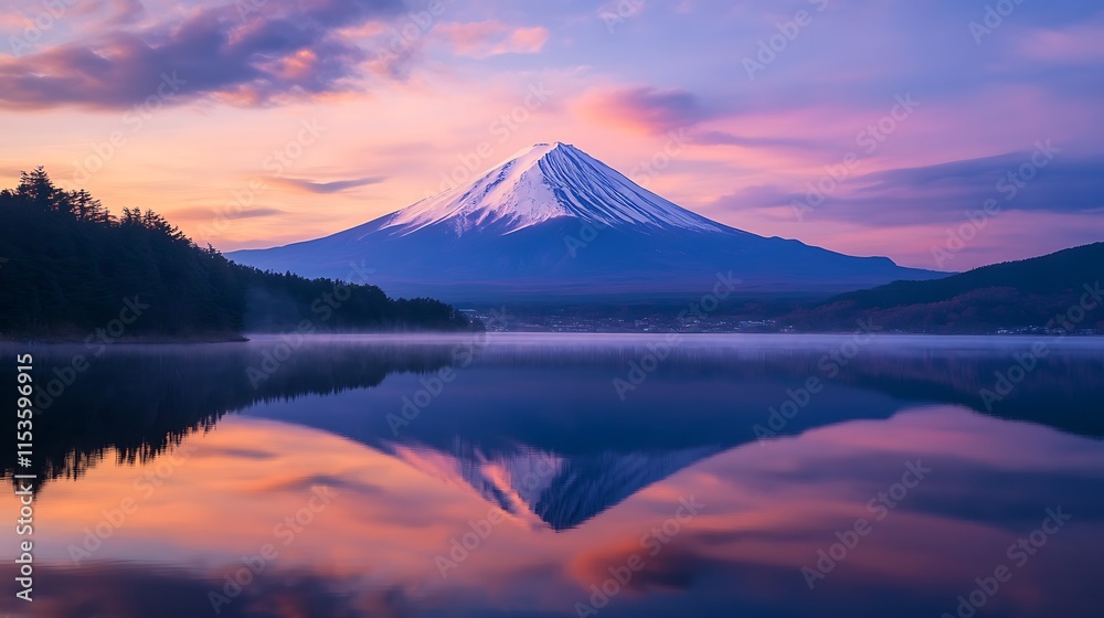 Majestic snow-capped mountain reflected in a calm lake at sunrise, vibrant colors. Majestic snow-capped mountain reflected in a calm lake at sunrise, vibrant colors.