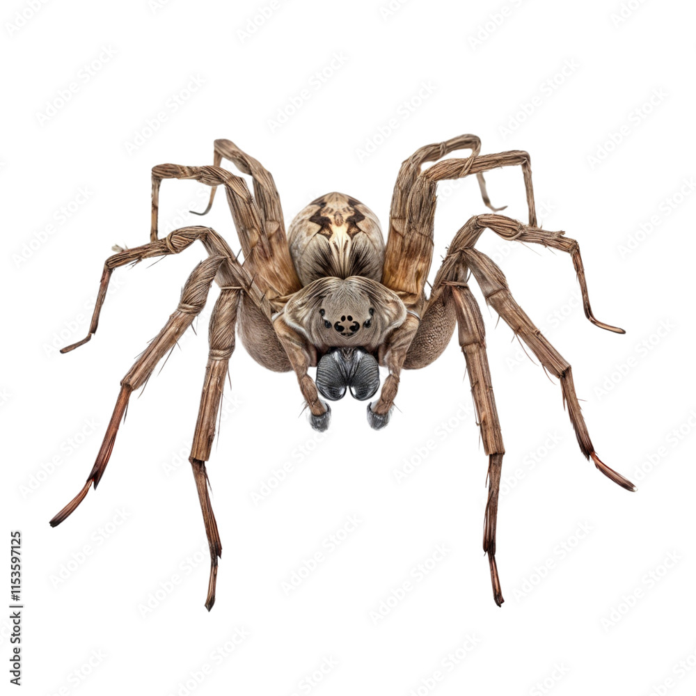 Obraz premium Wolf Spider Close-Up: A detailed, captivating image of a wolf spider, showcasing its intricate features and textured body. The spider's eight eyes and hairy legs are vividly captured.