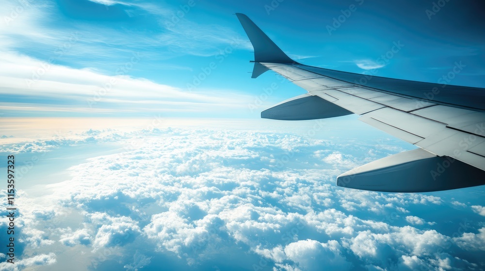 Airplane Wing Above Clouds with Blue Sky and Soft Clouds Airplane Wing Above Clouds with Blue Sky and Soft Clouds