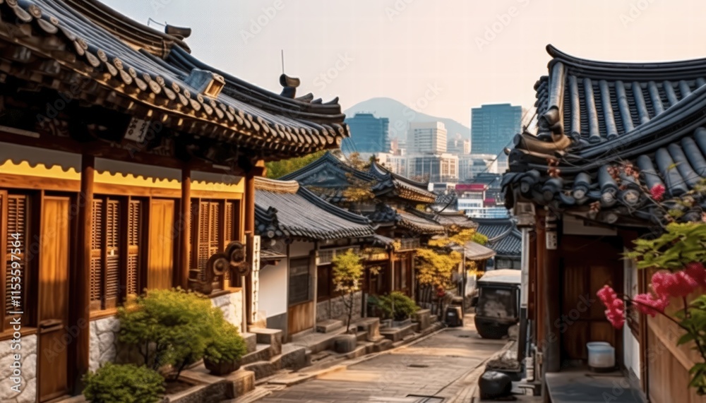Fototapeta premium Traditional Korean Architecture with a Scenic View of Modern City in Background at Dawn or Dusk in a Serene Setting
