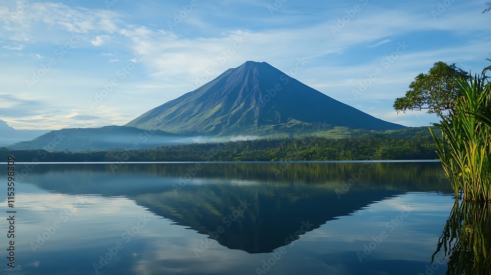 Majestic volcano reflected in a serene lake at sunrise. Majestic volcano reflected in a serene lake at sunrise.