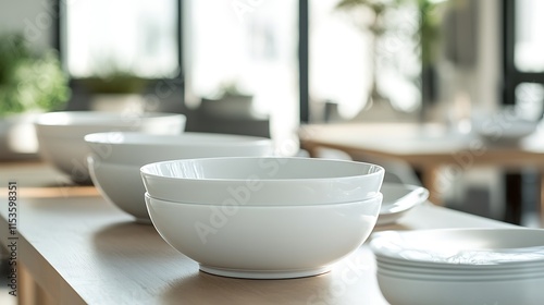 Wallpaper Mural Clean White Bowls Mockup Photo: Bright Kitchen Setting. AI Generated Torontodigital.ca