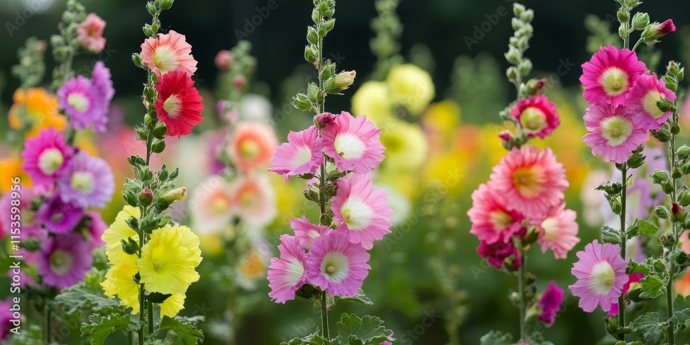 Fototapeta premium Bright and colorful hollyhocks are flourishing in a natural landscape, showcasing their beauty in a lively field of vibrant flowers.