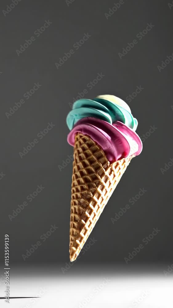 Colorful swirl ice cream cone floating against a dark background