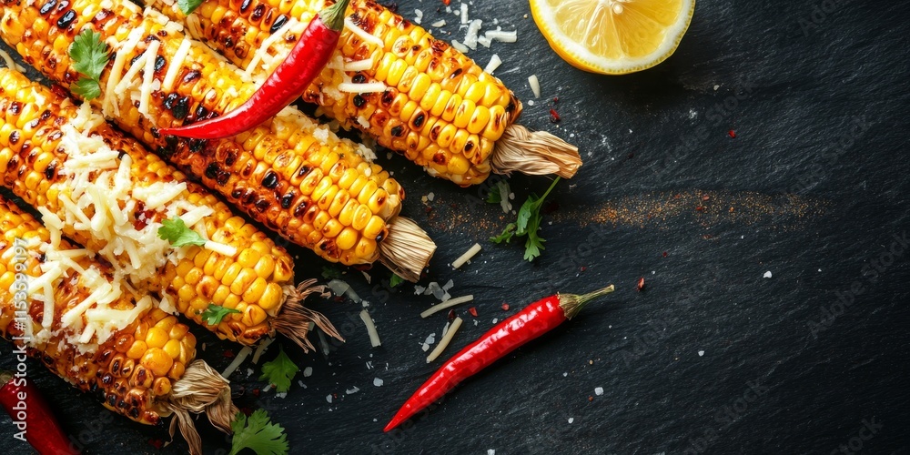 Delicious summer food ideas for barbecue and grill parties featuring grilled corn. Enjoy grilled corn topped with cheese, hot chili pepper, and lemon on a dark stone table with space for text. Delicious summer food ideas for barbecue and grill parties featuring grilled corn. Enjoy grilled corn topped with cheese, hot chili pepper, and lemon on a dark stone table with space for text.