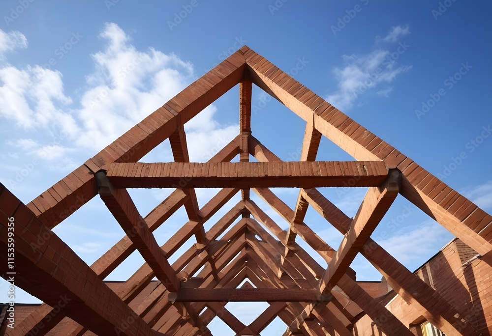 Obraz premium Wooden roof frame structure against a blue sky
