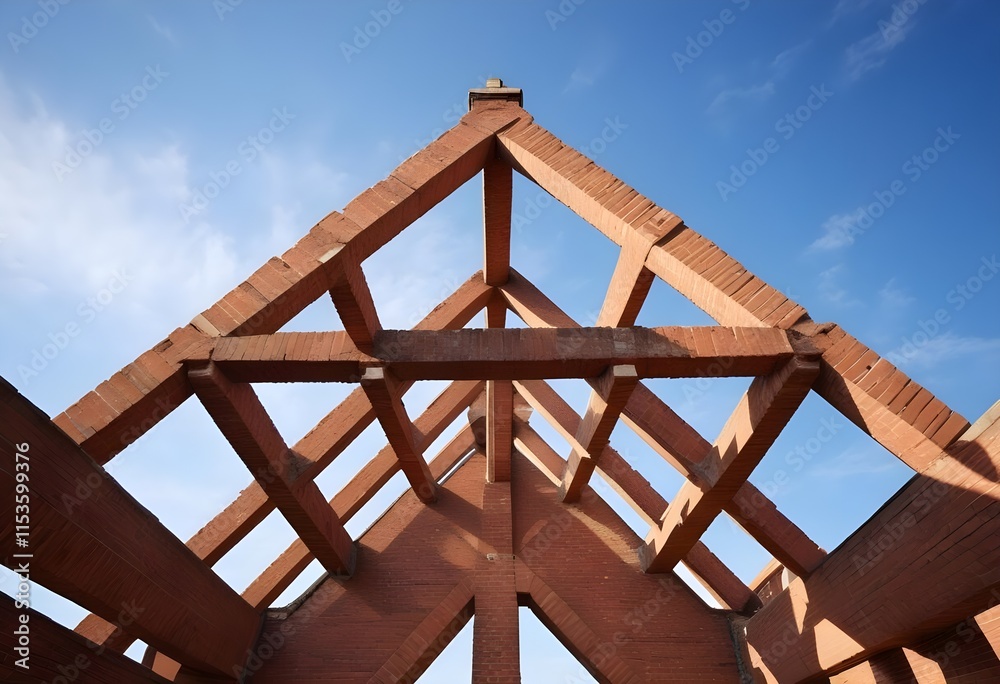 Obraz premium Wooden roof frame structure against a blue sky