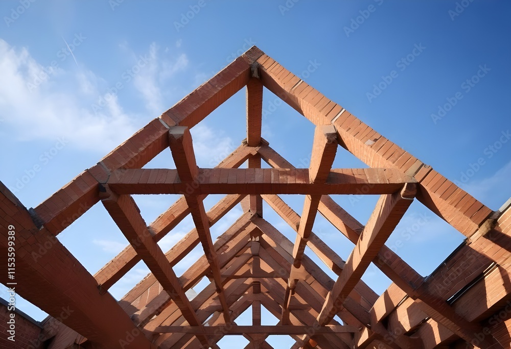 Obraz premium Wooden roof frame structure against a blue sky