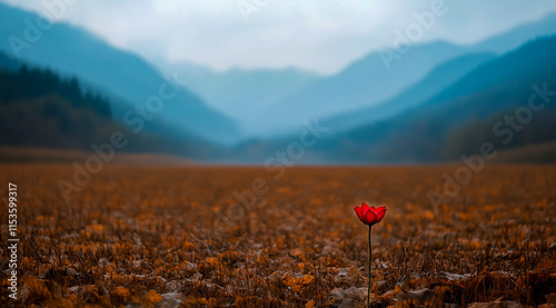 In the foreground, there is a withered lotus flower standing on dry soil in front of mountains and fields photo