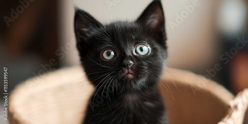 A curious black kitten gazing ahead. This black kitten s inquisitive expression captures the essence of a playful and charming black kitten ready for adventure. photo