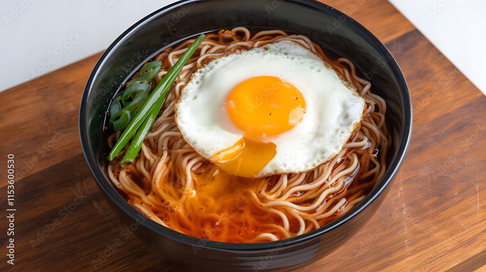 A photo of a bowl of ramyun noodles with a sunny-side-up egg on top. A photo of a bowl of ramyun noodles with a sunny-side-up egg on top.