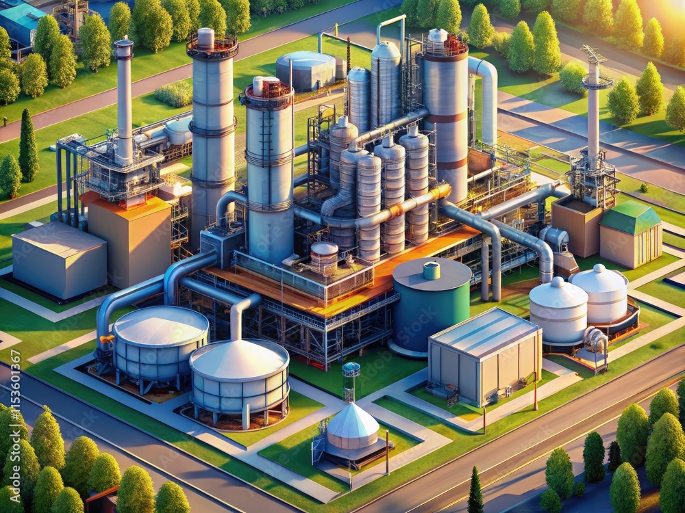 Fototapeta premium Flat 3D isometric oil refinery illustration showcasing petrochemical plant infrastructure.
