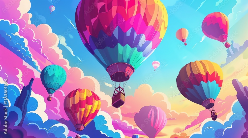 Naklejka premium An illustration of a group of colorful hot air balloons floating in a blue sky with clouds.